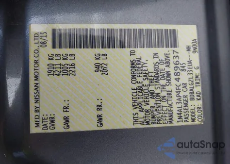 2015 Nissan Altima 2.5 S из США, поврежденный, VIN 1N4AL3AP4FC489637